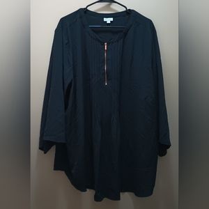 AVENUE BLACK PLEATED ZIP FRONT 3/4 SLEEVE FLOWING BLOUSE EUC SZ 30/32 4X